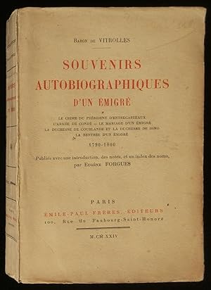 Imagen del vendedor de SOUVENIRS AUTOBIOGRAPHIQUES D'UN EMIGRE 1790-1800 . a la venta por Librairie Franck LAUNAI