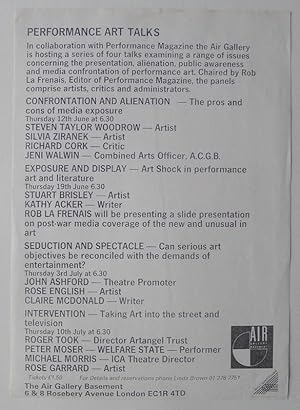 Immagine del venditore per Performance Art Talks. The Air Gallery Basement. (1988). venduto da Roe and Moore