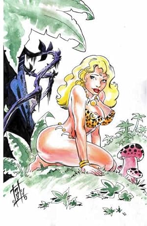 Original Butch Burcham Cavewoman Fantasy Comic Art Painting, Good Girl