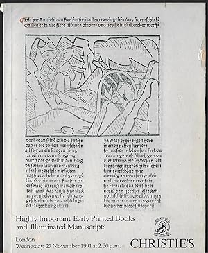 Immagine del venditore per Christie's: Highly Important Early Printed Books and Illuminated Manuscripts - London, Wednesday 27 November 1991 venduto da ART...on paper - 20th Century Art Books