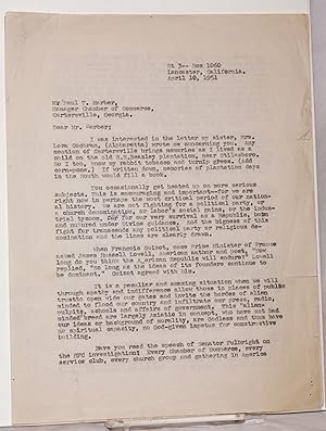 [Carbon copy of three-page typed letter to Paul T. Harber, of the Cartersville, Georgia Chamber o...