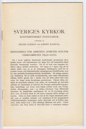 Immagine del venditore per Sveriges kyrkor. Konsthistoriskt inventarium. [.] Redogrele fr arbetets afsikter och fr verksamheten tills dato. [=Rubriktitel.] venduto da Hatt Rare Books ILAB & CINOA