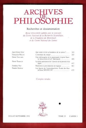 Bild des Verkufers fr Archives De Philosophie . Tome 55 , Cahier 3 - Juillet - Septembre 1992 : Que Reste-t-il de La Fondation de La Raison ? - L'entrelacs Du Temps - Une Philosophie de La grammaire D'aprs Kant : La Sprachlerhre d'A.F. Bernhardi zum Verkauf von Au vert paradis du livre