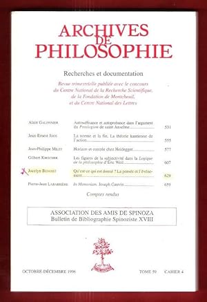 Immagine del venditore per Archives De Philosophie . Tome 59 , Cahier 4 - Octobre-Dcembre 1996 : Autosuffisance et Autoprobance dans L'argument du Proslogion De Saint Anselme - La Norme et La Fin . La Thorie Kantienne de L'action - Horizon et Contre Chez Heidegger venduto da Au vert paradis du livre