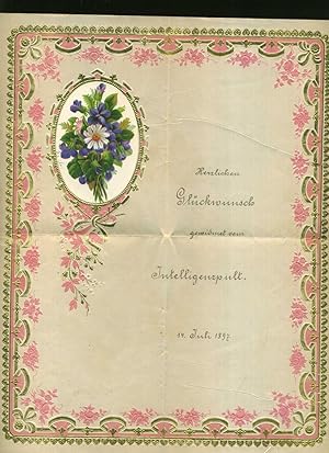 Seller image for Blindgepgtes, gefaltetes Blatt mit handschriftlichen Gren zum Geburtstag. Datiert 14 Juli 1897. Blattvergoldet mit aufgeklebter Oblate ( Blumenstrau ) . for sale by Umbras Kuriosittenkabinett