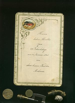 Seller image for Blindgepgtes, gefaltetes Blatt mit handschriftlichen Gren zum Geburtstag. Datiert 13. 1. 1873. Blattvergoldet mit aufgeklebter Oblate (Vogel). for sale by Umbras Kuriosittenkabinett