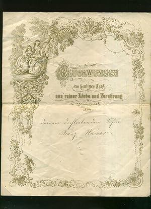 Gefaltetes Blatt mit handschriftlichen Grüßen zum Geburtstag. Datiert 1868. Golddruck.