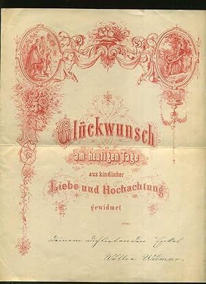 Gefaltetes Blatt mit handschriftlichen Grüßen zum Geburtstag. Datiert 1868. Rotdruck.