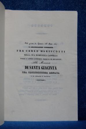 Nel giorno 30 gennaio dell' anno 1847 l' Arcidiacono Commend. Fra Carlo Mariscotti nella sua dome...