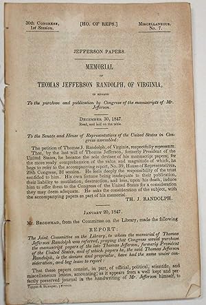 JEFFERSON PAPERS. MEMORIAL OF THOMAS JEFFERSON RANDOLPH, OF VIRGINIA, IN REGARD TO THE PURCHASE A...