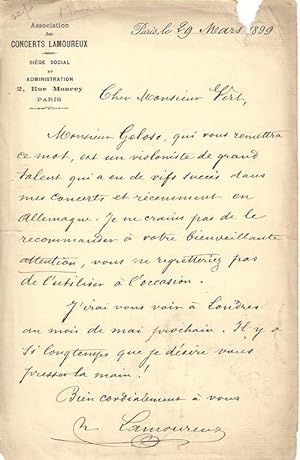 One page autograph letter from the French violinist and conductor Charles Lamoureux, dated 29 Mar...