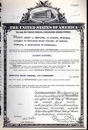 Seller image for Patent#2104950, Granted To Andrew O. McCollum of Detroit, MI, Assignor to Hydraulic Brake Company, for an Alleged New & Useful Improvement in Ironing Machines for sale by Dorley House Books, Inc.