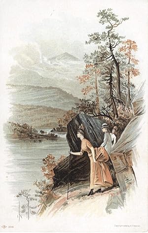 Seller image for Two ladies and a gentleman viewing the river, titled "Mt. Washington"; chromolithographic illustrated card for sale by Antipodean Books, Maps & Prints, ABAA