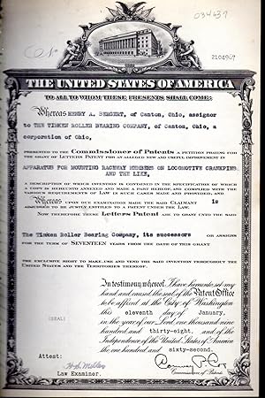 Seller image for Patent#2104967, Granted To Henry A. Bergent of Canton, OH. Assignor to Timken Roller Bearing Co., for an Alleged New & Useful Improvement in Apparatus for Mounting Raceway Members on Locomotive Crankpins etc: for sale by Dorley House Books, Inc.