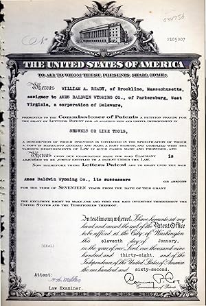 Seller image for Patent#2105007, Granted To William A. Ready of Brookline, MA, , Assignor to Ames Baldwin Wyoming Co. (West Virginia) for an Alleged New & Useful Improvement in Shovels or Like Tools: for sale by Dorley House Books, Inc.