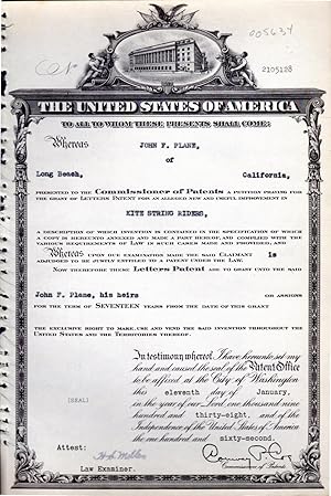 Immagine del venditore per Patent#2105128, Granted To John F. Plane of Long Beach, CA for an Alleged New & Useful Improvements In Kite String Riders venduto da Dorley House Books, Inc.