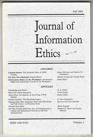Seller image for Journal of Information Ethics Fall 1992 Vol. 1 for sale by Riverwash Books (IOBA)