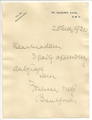 William Joyson Hick [Brentford]: Autograph / signature, dated 28 Nay? 1930.
