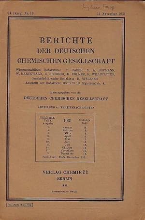 Bild des Verk�ufers f�r Franz Mylius. In: Berichte der deutschen chemischen Gesellschaft. Jahrgang 64, Nr. 10, November 1931: Abteilung A: Vereinsnachrichten. zum Verkauf von Antiquariat Carl Wegner