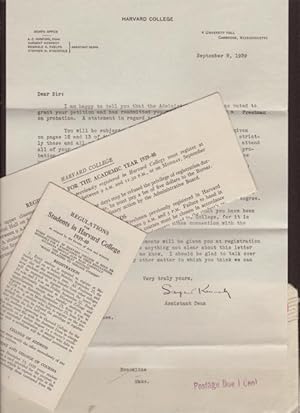 TSL of Acceptance to Harvard College September 8, 1939, Registration Broadside for 1939-40 Academ...