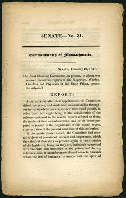 Image du vendeur pour The Joint Standing Committee on Prisons, to whom was referred the several reports of the Inspectors, Warden, Chaplain and Physician of the State Prison, present the subjoined Report. Senate.No. 31. Commonwealth of Massachusetts mis en vente par Kaaterskill Books, ABAA/ILAB