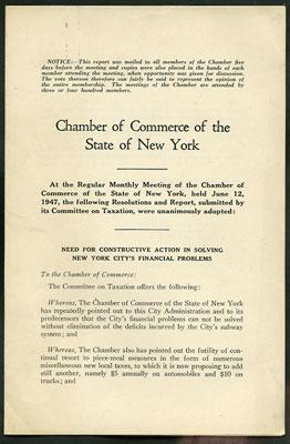 Immagine del venditore per Need for Constructive Action in Solving New York City's Financial Problems. The Committee on Taxation Resolutions and Report, June 12, 1947 venduto da Kaaterskill Books, ABAA/ILAB