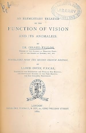 Image du vendeur pour An Elementary Treatise on the Function of Vision and Its Anomalies mis en vente par Barter Books Ltd