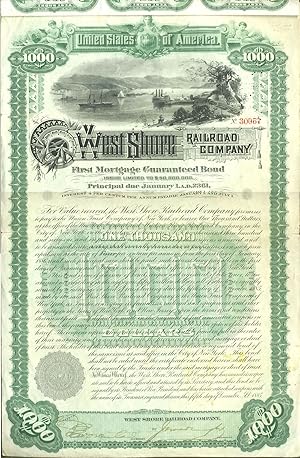 Imagen del vendedor de West Shore Railroad Company (Hudson River). First Mortgage Guaranteed Bond, Issued $1,000.00 a la venta por Antipodean Books, Maps & Prints, ABAA