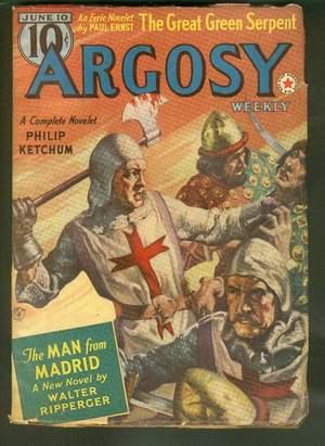 Image du vendeur pour ARGOSY Pulp magazine. June 10, 1939. > Delay at Antioch (NIce Crusaders in battle Cover Story) by Philip Ketchum / Man from Madrid / Great Green Serpent by Paul Ernst / Some Dogs Steal (Husky) by Luke Short / Wild River (Boulder Dam, Colorado River) mis en vente par Comic World