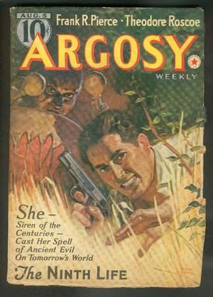 Imagen del vendedor de ARGOSY Pulp magazine. August 5, 1939. >>> The Ninth Life (science fiction fantasy) by Jack Mann / No Shirt McGee / Mother Damnation (ERIE canal) / One Step from Hell (cover story) a la venta por Comic World