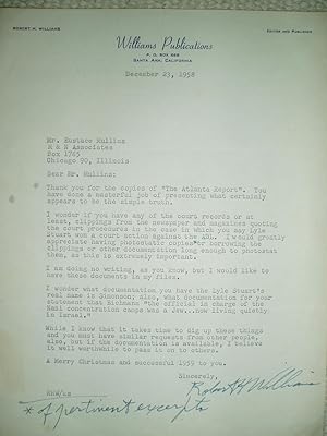 a typewritten letter from Robert H. Williams to Eustace Mullins dated December 23, 1958