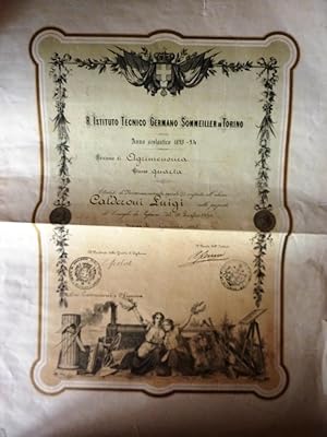 Diploma "R. ISTITUTO TECNICO GERMANO SOMMELIER IN TORINO Anno Scolastico 1893 -1894 Sezione di AG...