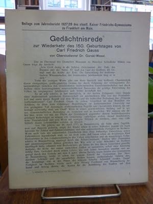 Gedächtnisrede zur Wiederkehr des 150. Geburtstages von Carl Friedrich Gauss, Beilage zum Jahresb...
