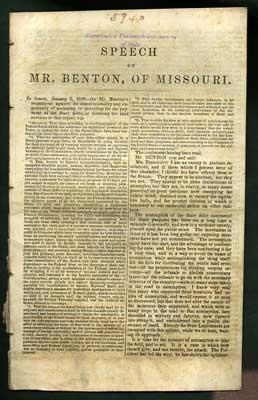 Bild des Verkufers fr Speech of Mr. Benton, of Missouri. In Senate, January 6, 1840: on Mr. Benton's resolutions against the constitutionality and expediency of assuming, or providing for the payment of the state debts, or diverting the land revenue to that object zum Verkauf von Kaaterskill Books, ABAA/ILAB