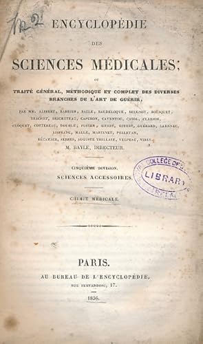 Image du vendeur pour Encyclopdie des Sciences Mdicales. Cinquime Division. Chimie Mdicale mis en vente par Barter Books Ltd