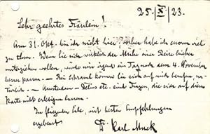 Immagine del venditore per Autograph postcard signed; "Dr. Karl Muck," to Maria Proelss, October 25, 1923 venduto da Locus Solus Rare Books (ABAA, ILAB)
