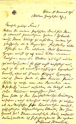 Two autograph letters signed; "Dr. Eduard Hanslick," to Sophie Verena (Alberti), November 8, 1876...