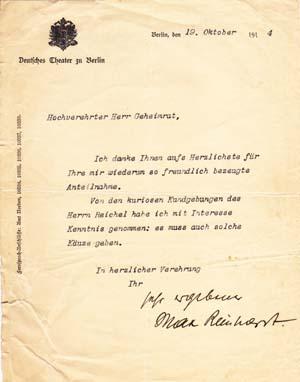Typed letter signed; "Ihr ergebener Max Reinhardt," to Joseph Kohler, October 19, 1914