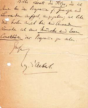 Autograph note signed; "E. d'Albert," no recipient, no date