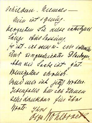 Autograph letter signed; "Olga Wohlbrück," to "Verehrter Herr Doktor," September 10, 1912
