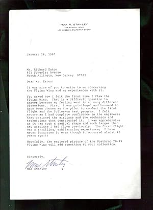Max Stanley / Northrop Flying Wing test pilot / Typed Letter Signed / 1987