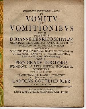 Imagen del vendedor de Medizinische Inaugural-Dissertation. De Vomitu Et Vomitionibus. a la venta por Wissenschaftliches Antiquariat Kln Dr. Sebastian Peters UG