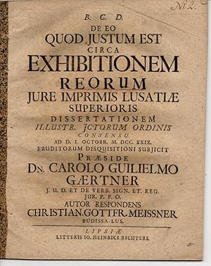 Image du vendeur pour Juristische Dissertation. De eo quod iustum est circa exhibitionem reorumiure imprimis Lusatiae superioris. mis en vente par Wissenschaftliches Antiquariat Kln Dr. Sebastian Peters UG