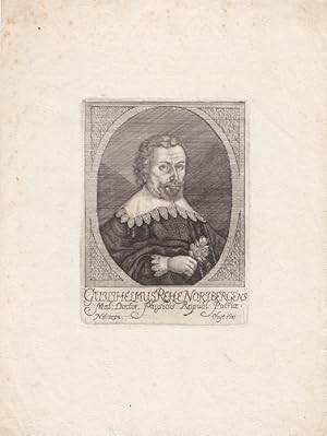 Imagen del vendedor de Rehe, Wilhelm (1592 Nrnberg - 1631. Arzt). Portrt. Brustbild nach rechts, in der Hand Blumenstrau. Anonymer Kupferstich des 17. Jahrhunderts. Plattengre : 13,5 x 10,5 cm. Blattgre : 27 x 20 cm. a la venta por Carl Adler's Buch- und Graphikkabinett