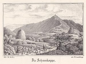 Schneekoppe / Riesengebirge - Ansicht, im Vordergrund Gruppe von Ausflüglern. Lithographie von Th...