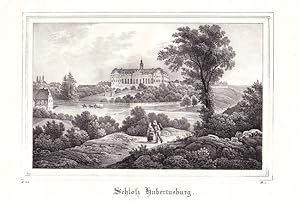 Hubertusburg bei Wermsdorf - Ansicht des Schlosses, im Vordergrund ländliches Paar. Anonyme Litho...