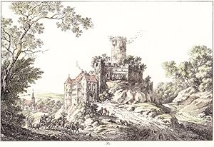 Gnandstein bei Frohburg - Romantische Ansicht der Burg, rechts unten Fuhrwerk, im Hintergrund die...