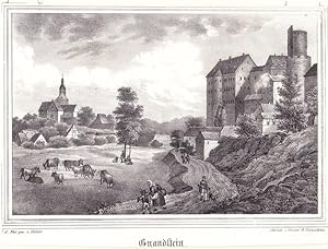 Gnandstein bei Frohburg - Ansicht von Burg und Ort. Lithographie von Renner & Ketzschau nach Häbl...