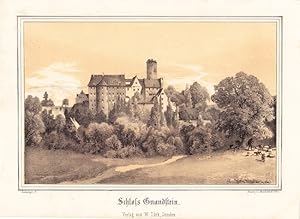 Gnandstein bei Frohburg - Schöne Ansicht der Burg, rechts Schäfer mit Herde. Getönte Lithographie...