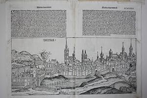 Breslau - " Bressla ". Gesamtansicht. Holzschnitt von 2 Stöcken aus Schedel, Liber chronicarum, E...